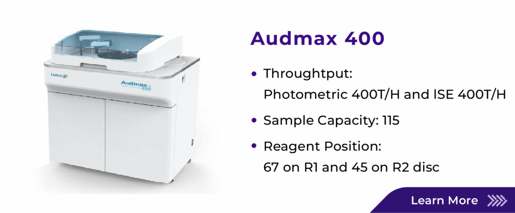 VIRTUEDX labtest biochemistry Instrument Audmax 400 banner with highlight features