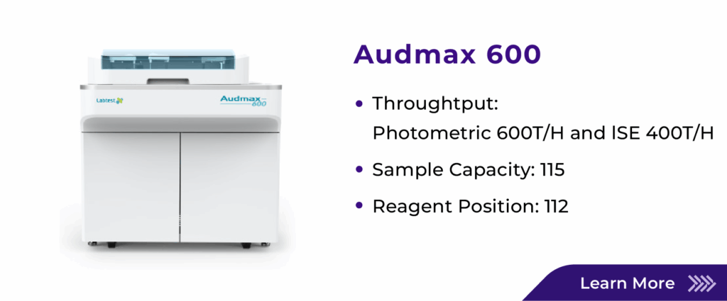 VIRTUEDX labtest biochemistry Instrument Audmax 600 banner with highlight features