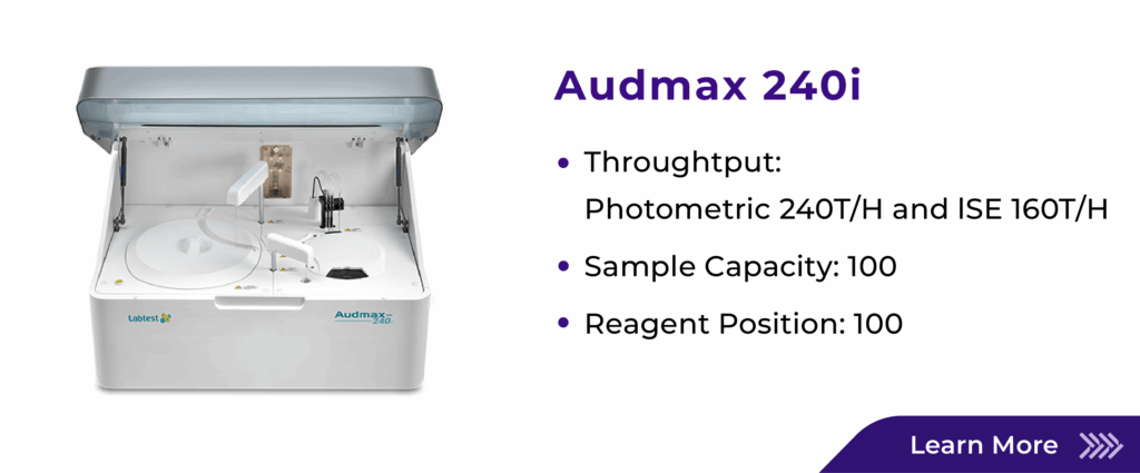 VIRTUEDX labtest biochemistry Instrument Audmax 240i banner with highlight features