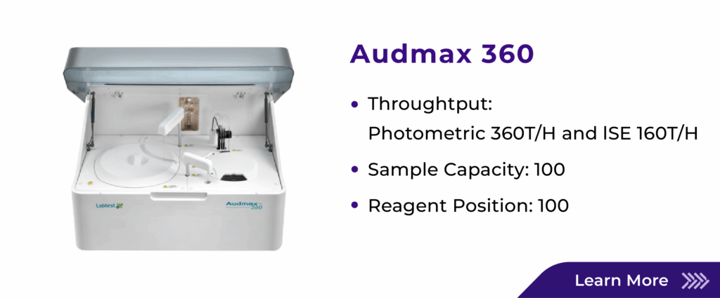 VIRTUEDX labtest biochemistry Instrument Audmax 360 banner with highlight features